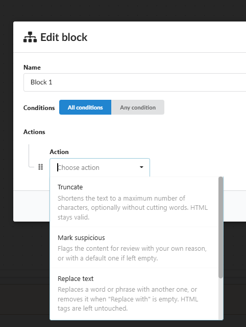 Choix d'une action pour un bloc de workflow : Truncate, Mark suspicious ou Replace text