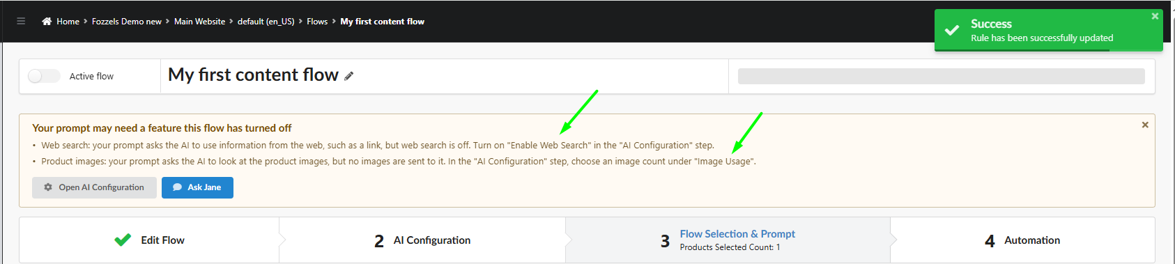 Avertissement quand votre prompt a besoin de la recherche web ou des images produit désactivées
