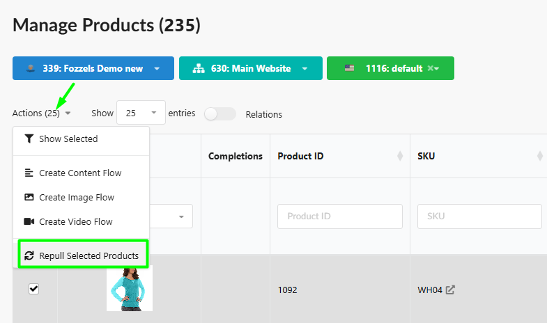 Menu Actions : Repull Selected Products dans Manage Products