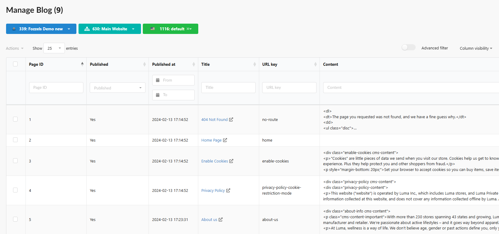 Manage Blog : pages CMS Magento 2 importées