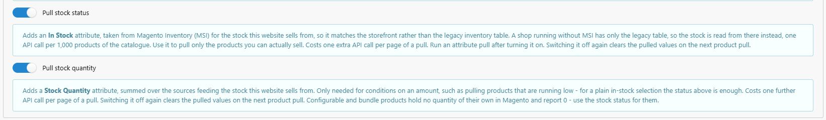 Pull stock status et stock quantity dans les paramètres d'intégration Magento 2