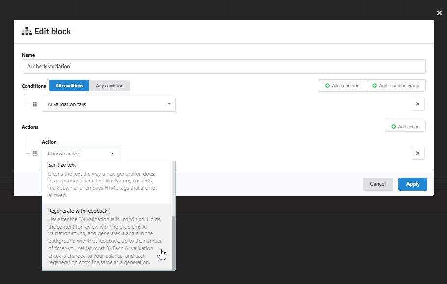 Bloc de workflow avec la condition AI validation fails et l'action Regenerate with feedback