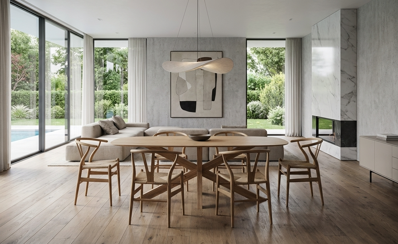 Oval oak dining table in modern room design interior