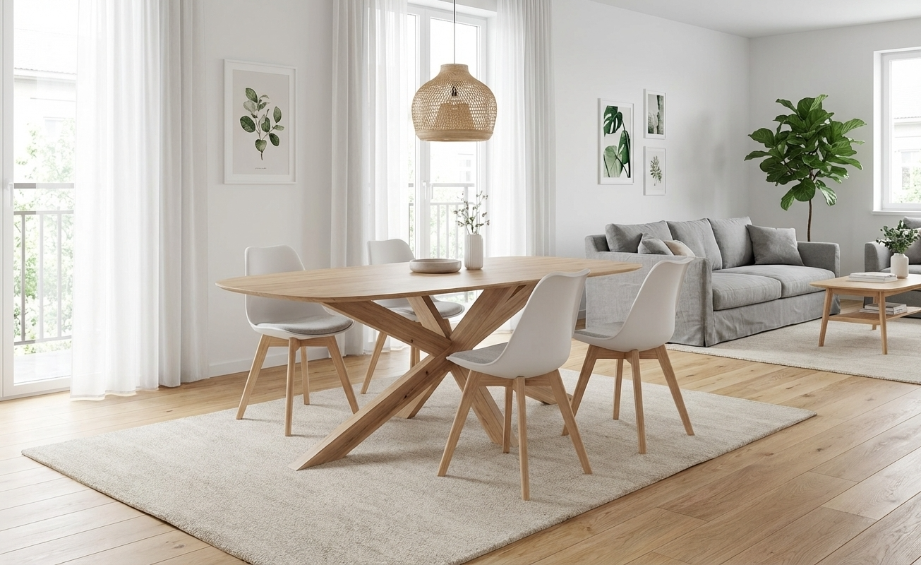 Oval oak dining table in bright Scandinavian living room with white chairs