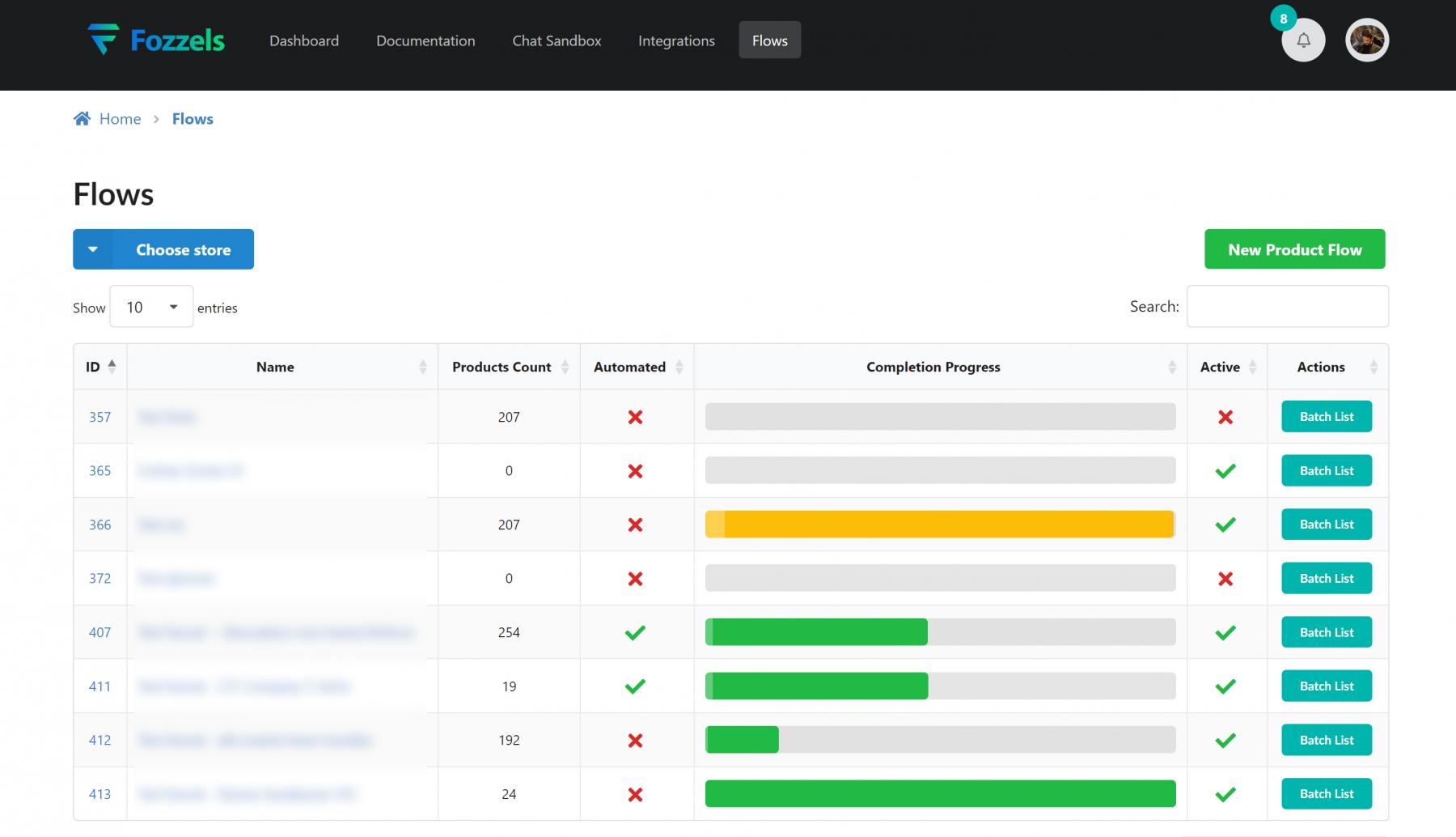 Screenshot showing Flows on Fozzels.com