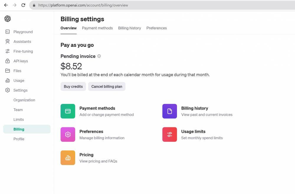 OpenAI Billing settings screen