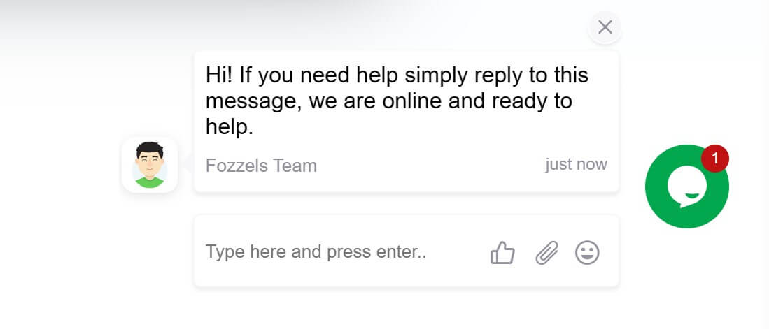 Знімок вікна живого чату Fozzels