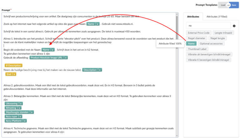 Sie können Ihre Produktattribute jetzt per Drag & Drop in das Eingabefeld ziehen.